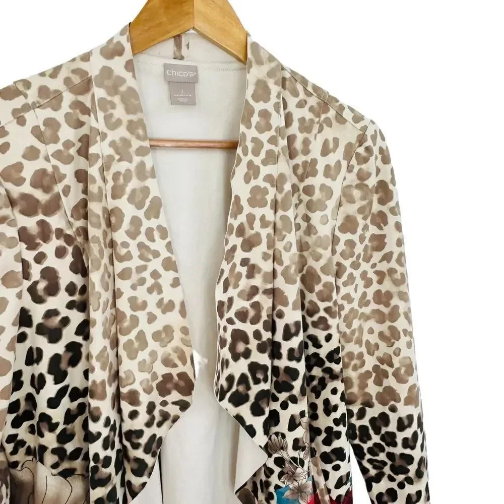 Chico’s suedes draped jacket leopard floral print beige and red size medium